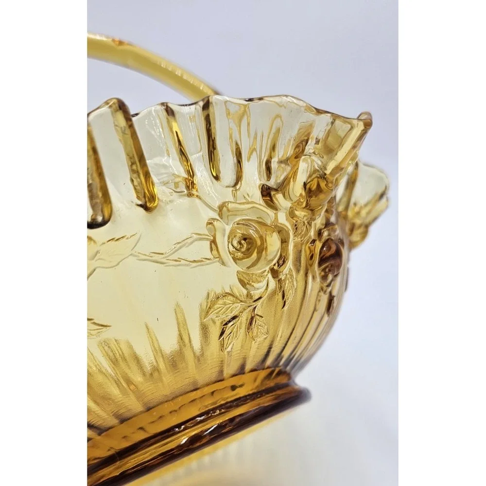 Vintage Amber Pressed Glass Basket Ruffled Edges Roses Applied Handle